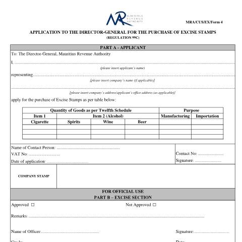 Document preview: Application to the Director-General for the&nbsp;purchase of Excise Stamps — Form, Mauritius (CERFA n°ApplicationFormforExciseStamp)