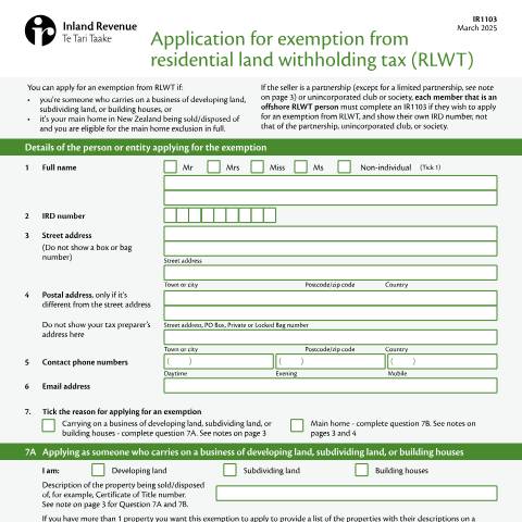 Document preview: Application for exemption from residential land withholding tax (RLWT) — Property, New Zealand (CERFA n°IR1103)