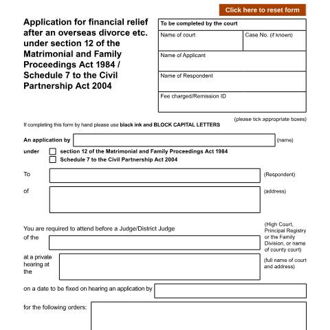 Document preview: Application for financial relief after an overseas divorce etc. under section 12 of the Matrimonial and Family Proceedings Act 1984 / Schedule 7 to the Civil Partnership Act 2004: Form D50F — HM Courts & Tribunals Service, United Kingdom