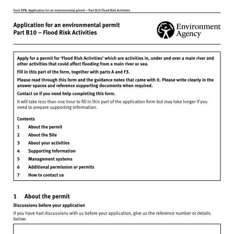 Document preview: Application for an environmental permit: part B10 flood risk activities — Environment Agency, Department for Environment, Food & Rural Affairs, United Kingdom
