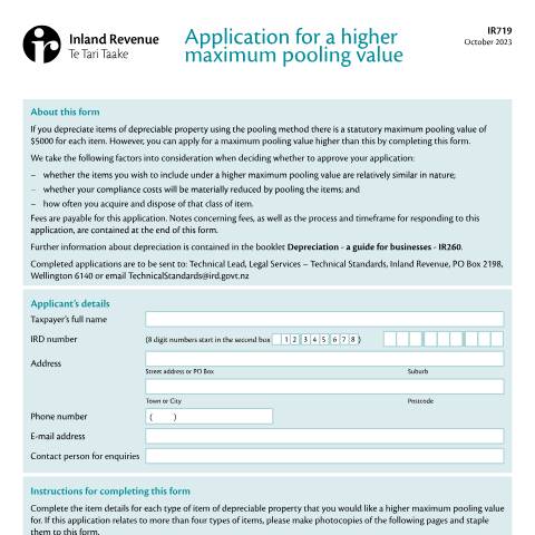 Document preview: Application for a higher maximum pooling value — Income tax, New Zealand (CERFA n°IR719)