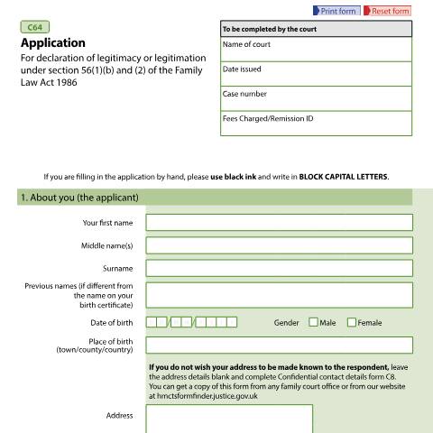 Document preview: Application for declaration of legitimacy or legitimation under section 56(1)(b) and (2) of the Family Law Act 1986: Form C64 — HM Courts & Tribunals Service, United Kingdom