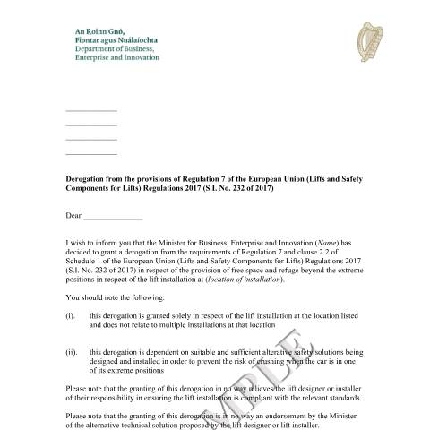 Document preview: Application to Install a Lift with Restricted Headroom or Refuge Space — letter of ministerial approval of derogation sample — Department of Enterprise, Tourism and Employment, Ireland