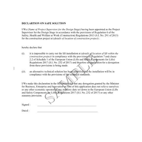 Document preview: Application to Install a Lift with Restricted Headroom or Refuge Space — declaration of safe solution sample — Department of Enterprise, Tourism and Employment, Ireland