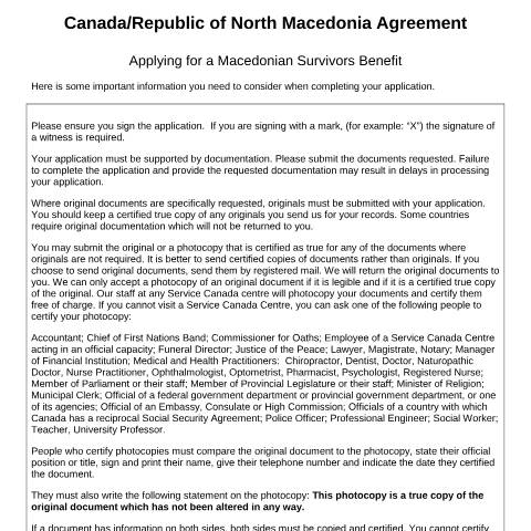 Document preview: North Macedonia/Canada Agreement - Application for a Macedonian survivor pension — Income Security Programs, Canada (CERFA n°CAN-RM_1_(S))