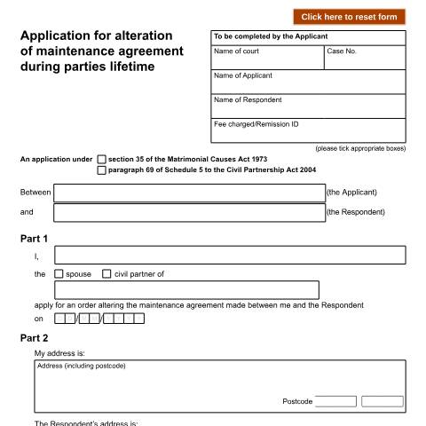 Document preview: Application for alteration of maintenance agreement during parties lifetime: Form D50H — HM Courts & Tribunals Service, United Kingdom