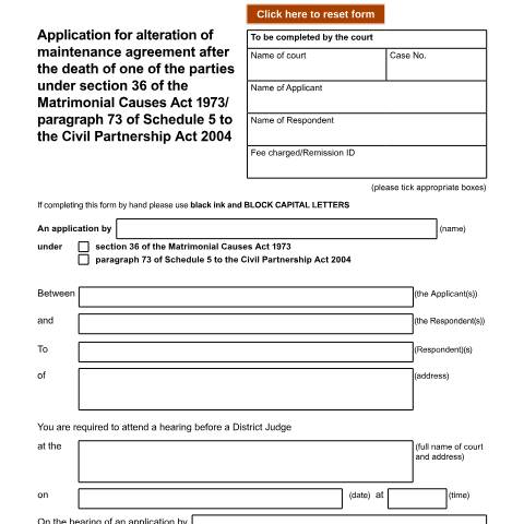 Document preview: Application for alteration of maintenance agreement after the death of one of the parties, s36 of the Matrimonial Causes Act 1973 / paragraph 73 of s5 of the Civil Partnership Act 2004: Form D50D — HM Courts & Tribunals Service, United Kingdom