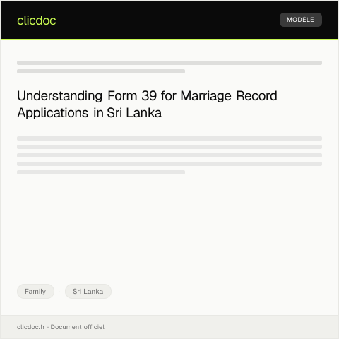 Document preview: Application for Marriage Record Purposes – Form 39 — Family, Sri Lanka