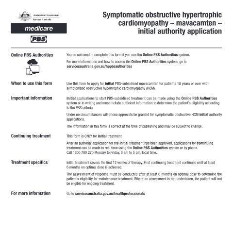 Document preview: Symptomatic obstructive hypertrophic cardiomyopathy - mavacamten - initial authority application form (PB360) — Services Australia — Health professionals, Australia (CERFA n°PB360)