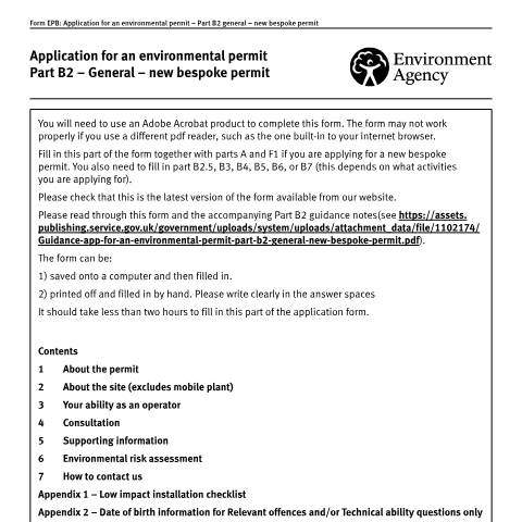 Document preview: Application for an environmental permit: part B2 new bespoke permit — Environment Agency, United Kingdom