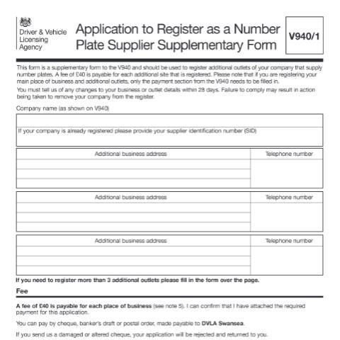 Document preview: Application for number plate suppliers to add extra outlets (form V940/1) — Driver and Vehicle Licensing Agency, United Kingdom