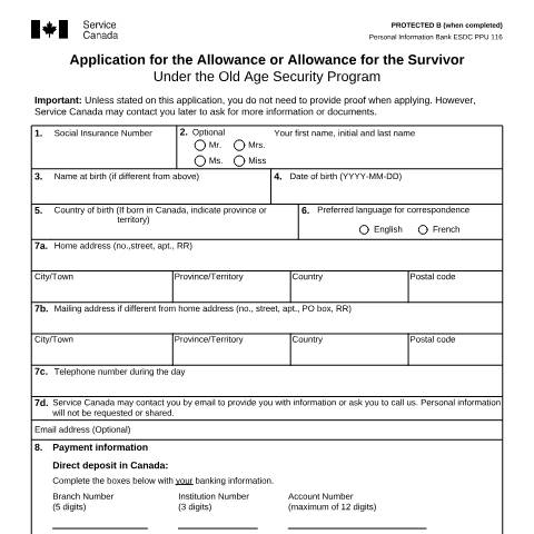 Document preview: Application for the Allowance or Allowance for the Survivor - Under the Old Age Security Program — Income Security Programs, Canada (CERFA n°ISP3008)