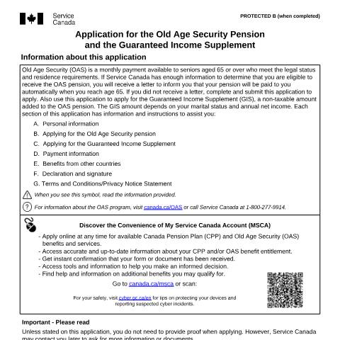 Document preview: Application for the Old Age Security Pension and the Guaranteed Income Supplement — Income Security Programs, Canada (CERFA n°ISP3550)