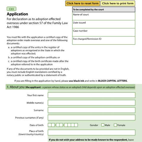 Document preview: Application for declaration as to adoptions elected overseas under section 57 of the Family Law Act 1986: Form C65 — HM Courts & Tribunals Service, United Kingdom