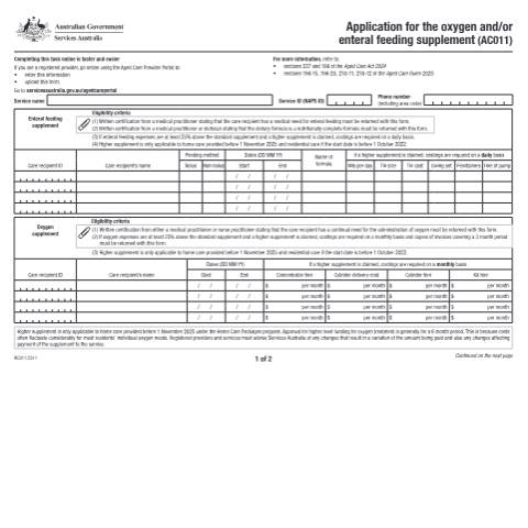 Document preview: Application for the oxygen and/or enteral feeding supplement form (AC011) — Services Australia — Health professionals, Australia (CERFA n°AC011)