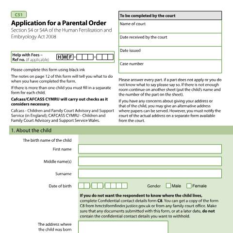 Document preview: Application for a Parental Order (Section 54 Human Fertilisation and Embryology Act 2008): Form C51 — HM Courts & Tribunals Service, United Kingdom