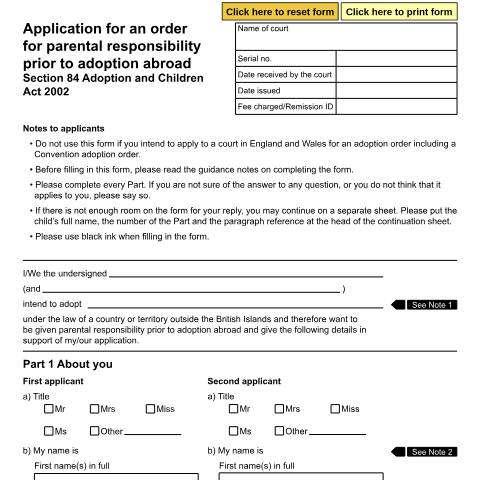 Document preview: Application for an order for parental responsibility prior to adoption abroad (Section 84 Adoption and Children Act 2002): Form A61 — HM Courts & Tribunals Service, United Kingdom