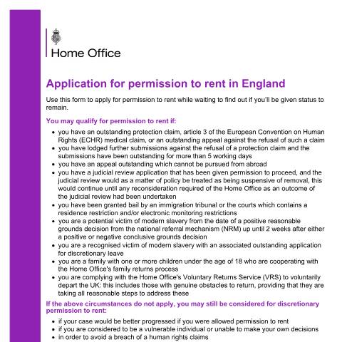 Document preview: Application for permission to rent in England — Home Office, United Kingdom