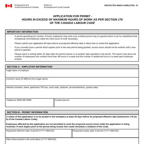Document preview: Application for Permit – Hours in Excess of Maximum hours of work — Labour, Canada (CERFA n°LAB1186)