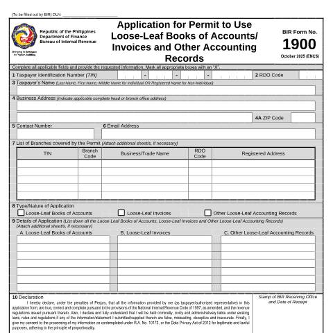 Document preview: BIR Form No. 1900 - Application for Permit to Use Loose-Leaf Books of Accounts/Invoices and Other Accounting Records — Application Forms, Philippines (CERFA n°1900)