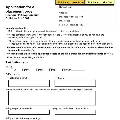 Document preview: Form A50: Application for a Placement Order (Section 22 Adoption and Children Act 2002) — HM Courts & Tribunals Service, United Kingdom