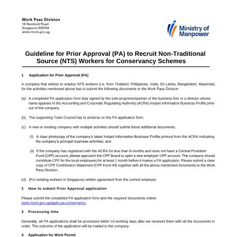 Document preview: Application for Prior Approval to Recruit Non-Traditional Source Workers in Conservancy Schemes — MOM / Forms, Singapore (CERFA n°WP_APPLN_FOR_NTS_WORKERS)