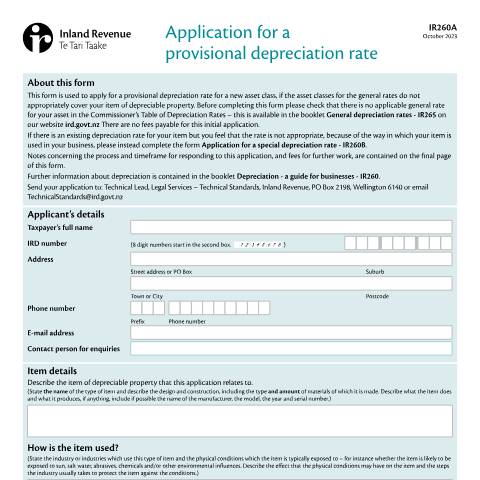 Document preview: Application for a provisional depreciation rate — Income tax, New Zealand (CERFA n°IR260A)