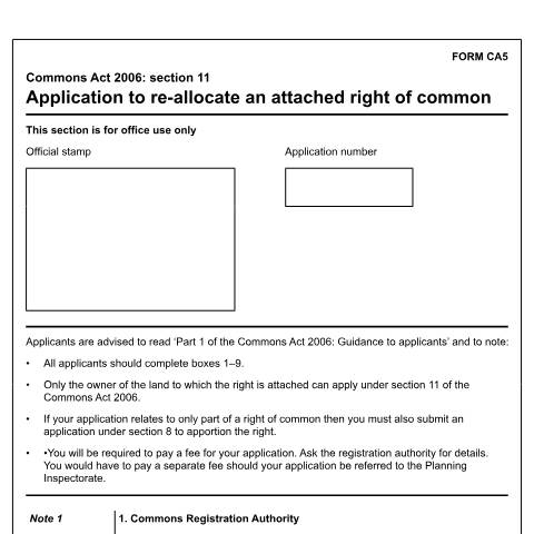 Document preview: Common land and greens: reallocating of a right of common (CA5) — Department for Environment, Food & Rural Affairs, United Kingdom
