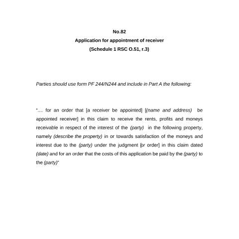 Document preview: Form No.82: Application for appointment of a receiver (sched. 1- RSC O.51 r.3) — HM Courts & Tribunals Service, United Kingdom