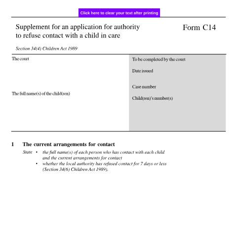 Document preview: Supplement for an application for authority to refuse contact with a child in care: Form C14 — HM Courts & Tribunals Service, United Kingdom