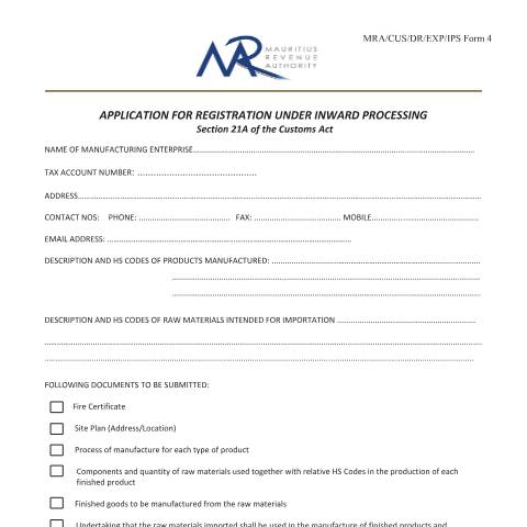 Document preview: Application for registration under Inward Processing — Form, Mauritius (CERFA n°RegistrationUnderIPForm4)