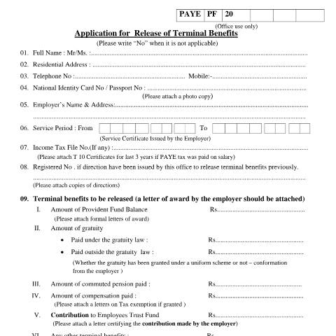 Document preview: Application for Release of Terminal Benefits — Terminal Benefits, Sri Lanka