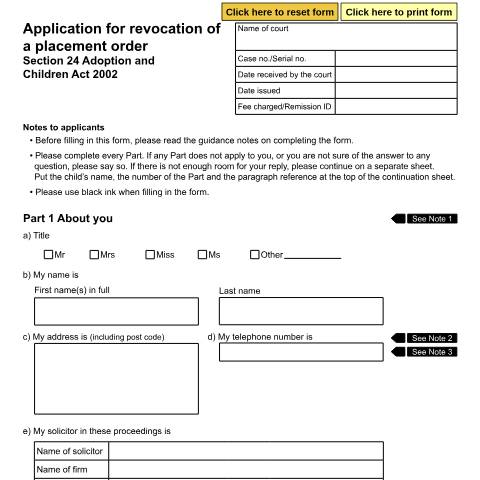 Document preview: Application for revocation of a Placement Order (Section 24 Adoption and Children Act 2002): Form A52 — HM Courts & Tribunals Service, United Kingdom