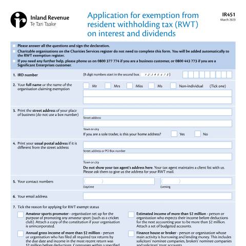 Document preview: Application for exemption from resident withholding tax (RWT) on interest and dividends — Income tax, New Zealand (CERFA n°IR451)