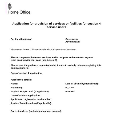 Document preview: Application for section 4 extra services or facilities — UK Visas and Immigration, United Kingdom