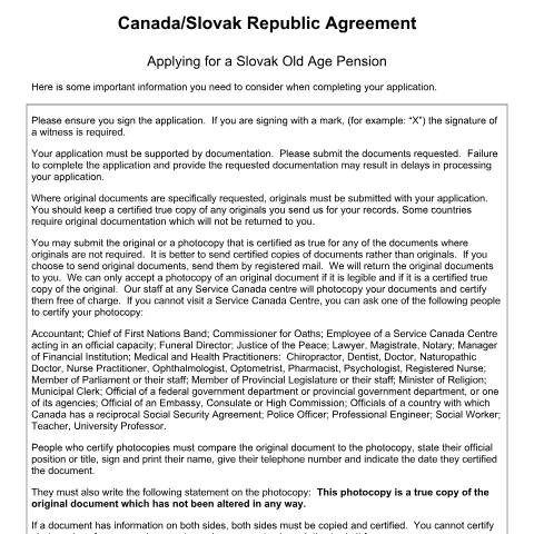 Document preview: Slovakia/Canada Agreement - Application for Slovakian Old Age benefit — Income Security Programs, Canada (CERFA n°CAN-SK_1_(OA))