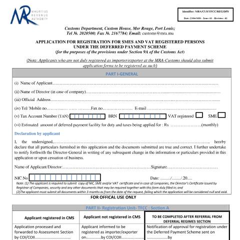 Document preview: Application for Registration for SMEs and VAT Registered Persons under the Deferred Payment Scheme — Form, Mauritius (CERFA n°MRA-CUS-TFCC-REG-DPS)