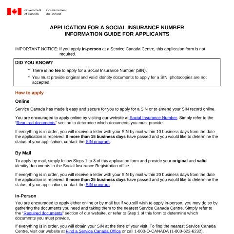 Document preview: Application for a Social Insurance Number — Government of Canada, Canada (CERFA n°NAS2120)