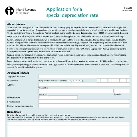 Document preview: Application for a special depreciation rate — Income tax, New Zealand (CERFA n°IR260B)