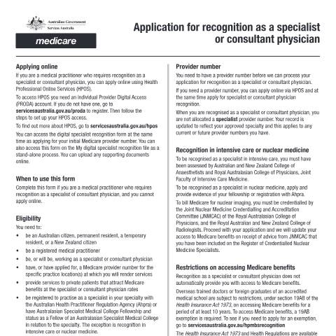 Document preview: Application for recognition as a specialist or consultant physician form (HW077) — Services Australia — Health professionals, Australia (CERFA n°HW077)