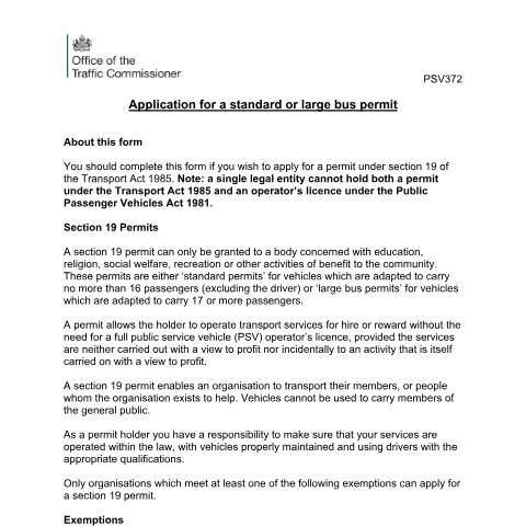 Document preview: Application for a standard or large bus permit (PSV372) — Traffic Commissioners for Great Britain, United Kingdom