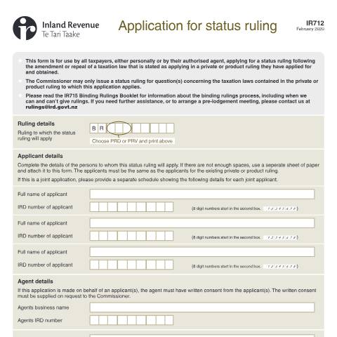 Document preview: Application for status ruling — Managing my tax, New Zealand (CERFA n°IR712)