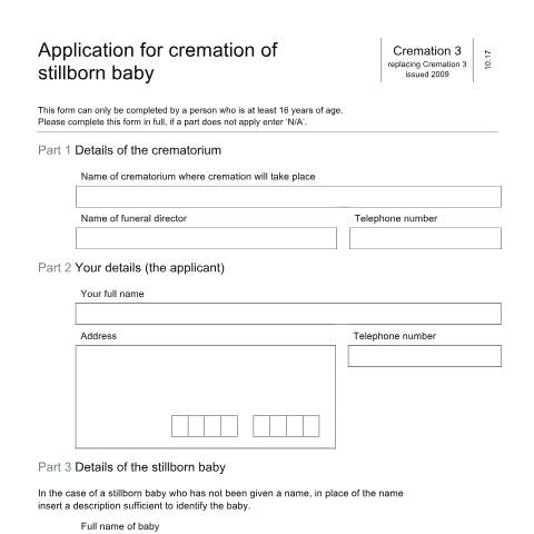 Document preview: Application form for the cremation of a stillborn baby — Ministry of Justice, United Kingdom
