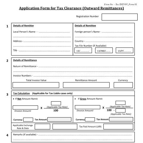Document preview: Application Form for Tax Clearance (Outward Remittances) — Clearances, Sri Lanka