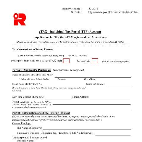 Document preview: Application for TIN (for eTAX login) and / or Access Code — General Information, Hong Kong SAR China (CERFA n°IR 6104)