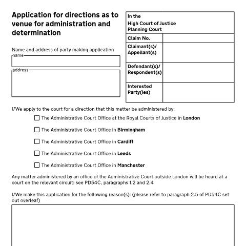 Document preview: Application for directions as to venue for administration and determination: Form N464PC (Planning Court) — HM Courts & Tribunals Service, United Kingdom