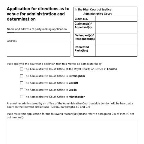 Document preview: Application for directions as to venue for administration and determination: Form N464 — HM Courts & Tribunals Service, United Kingdom