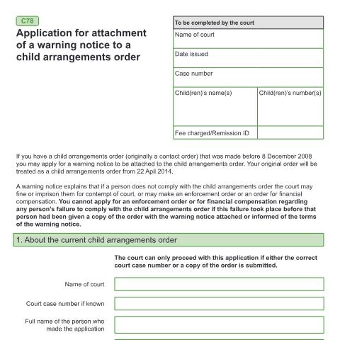 Document preview: Application for attachment of a warning notice to a child arrangements order: Form C78 — HM Courts & Tribunals Service, United Kingdom