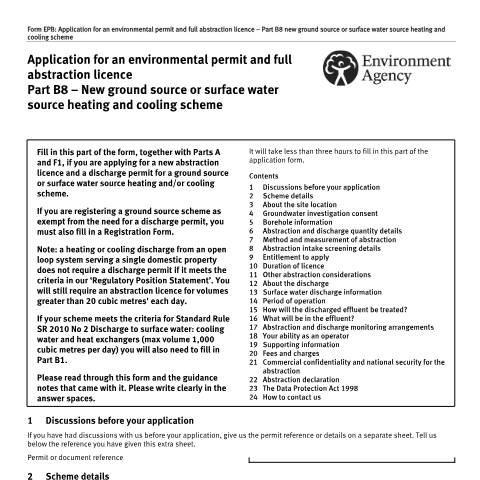 Document preview: Application for new ground source or surface water source heating and cooling scheme: part B8 — Environment Agency, United Kingdom