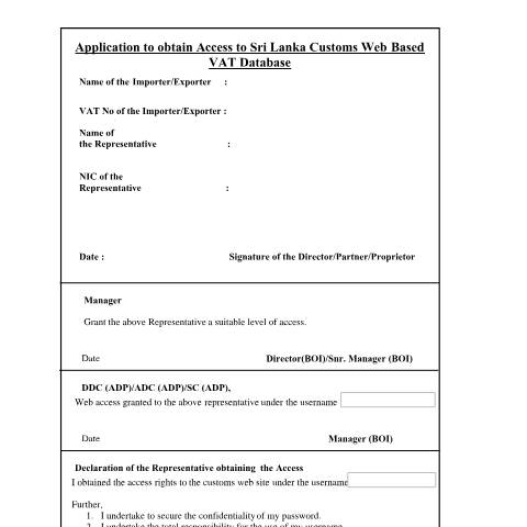 Document preview: Application for Web VAT Database — BOI (Viewing Import / Export Details) — VAT & Import / Export Data, Sri Lanka